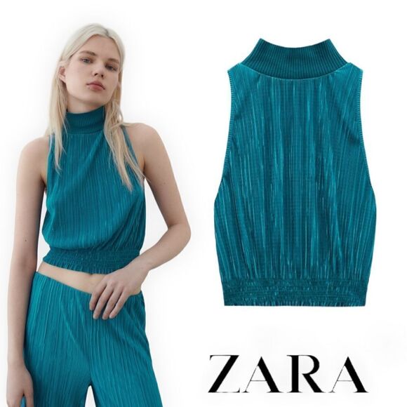 ZARA | Petrol Blue | PLEATED HALTER TOP - Picture 1 of 9
